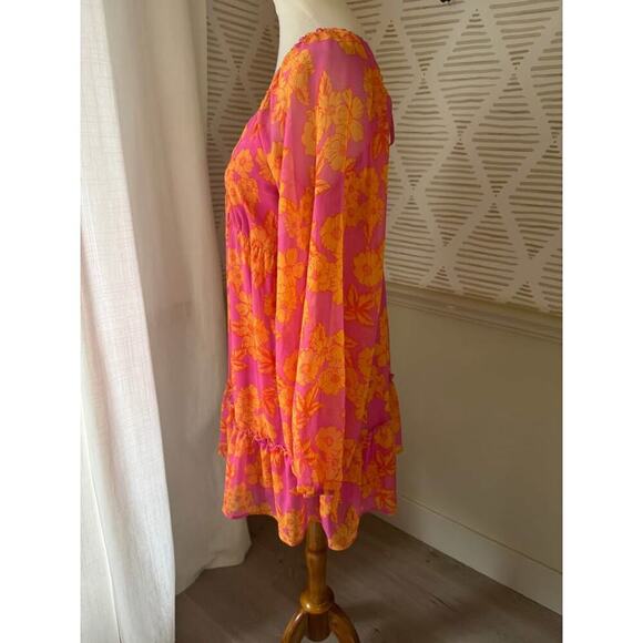 Peach Love Women’s Small Orange and Pink Sheer Floral Mini Dress - Picture 3 of 5